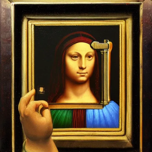 Prompt: original Da Vinci painting of the Gameboy - 1503 Paint on Canvas