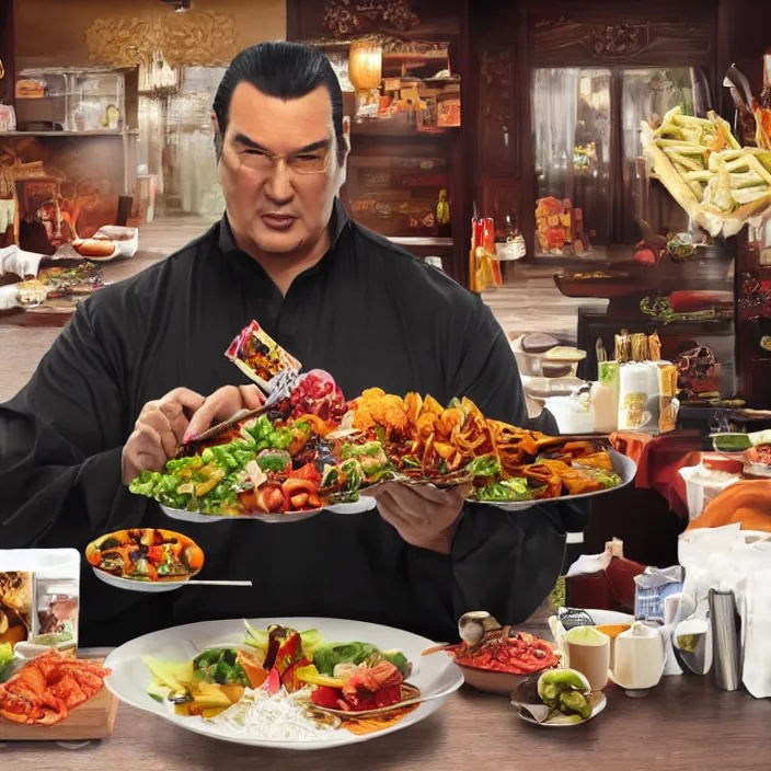 Image similar to detailed figure of steven seagal from asian connection flipping a table of food, first 4 figures, detailed product photo