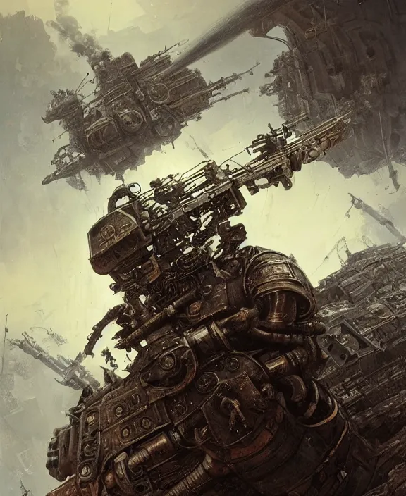 Image similar to a soldier in steampunk armour charging the enemy amongst powerful explosions, by HR Giger and Beksiński and Stephan Martiniere , 4k resolution, detailed, trending on artstation