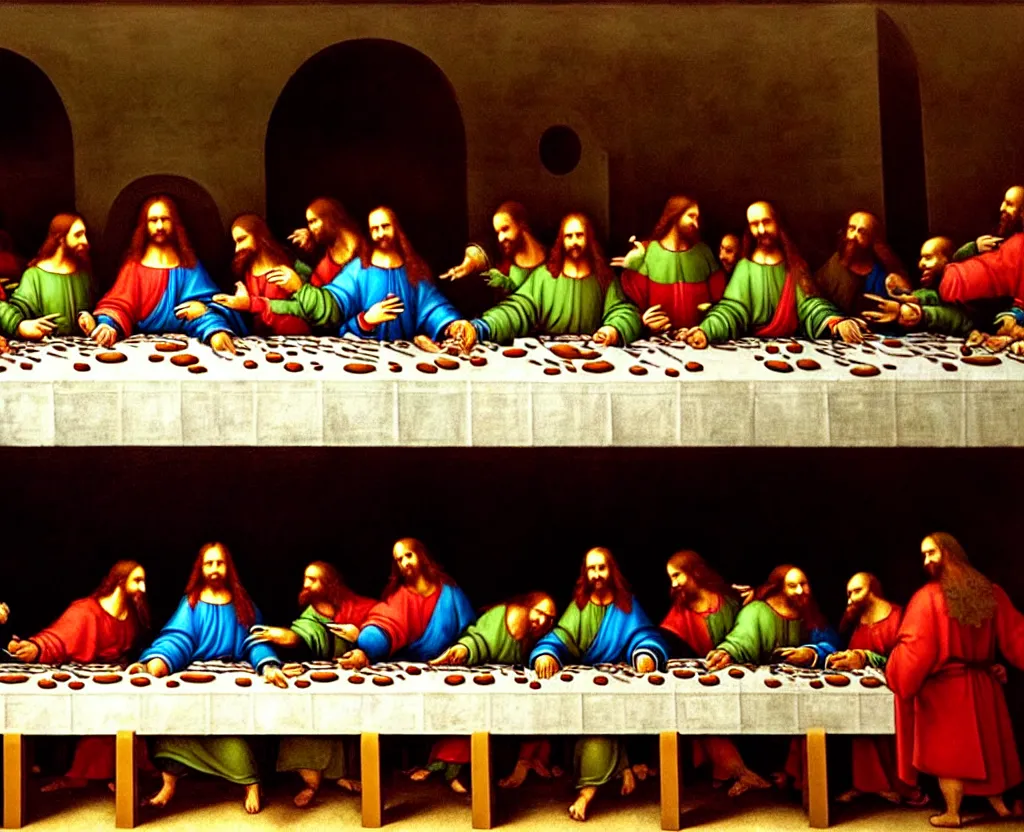 Prompt: leonardo da vinci ´ s last supper in mc donalds, with ronald mc donalds as judas, oil in canvas