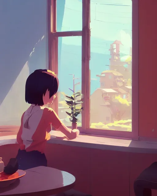 Image similar to seen through a window, diner, detailed, cory loftis, james gilleard, atey ghailan, makoto shinkai, goro fujita, studio ghibli, rim light, exquisite lighting, clear focus, very coherent, plain background, soft painting