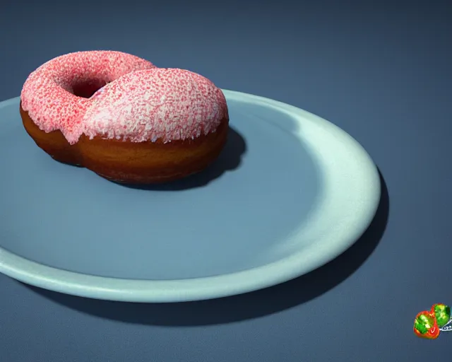 Image similar to 3d render of a strawberry donut on a plate, blue colored room, brick walls, blender, realistic