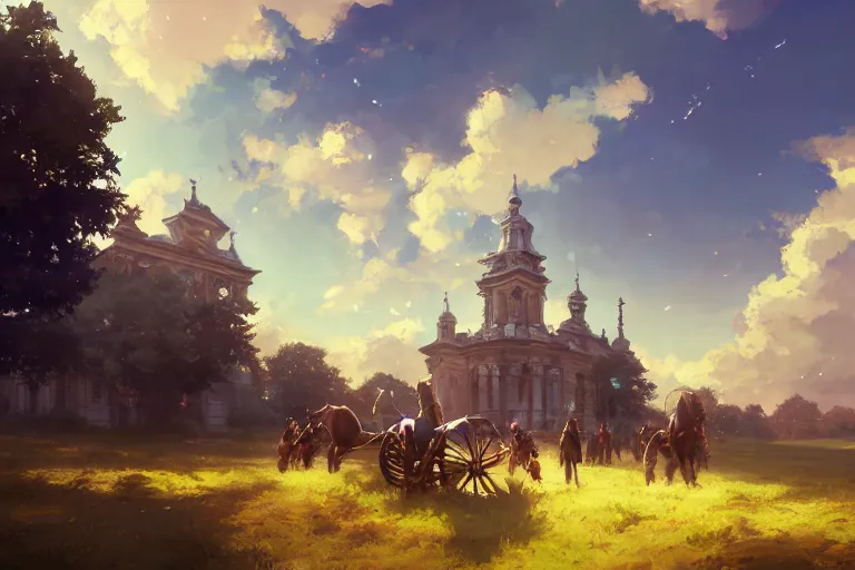 Prompt: a driving ornate baroque church mounted on chainwheels, scene in an open field. key visual, conceptart, ambient lighting, highly detailed, digital painting, artstation, concept art, sharp focus, by makoto shinkai and akihiko yoshida and greg manchess