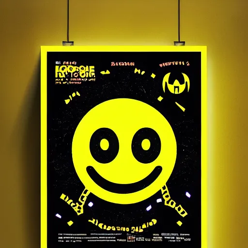 Prompt: acid house rave flyer, poster, smiley face, florescent yellow and black