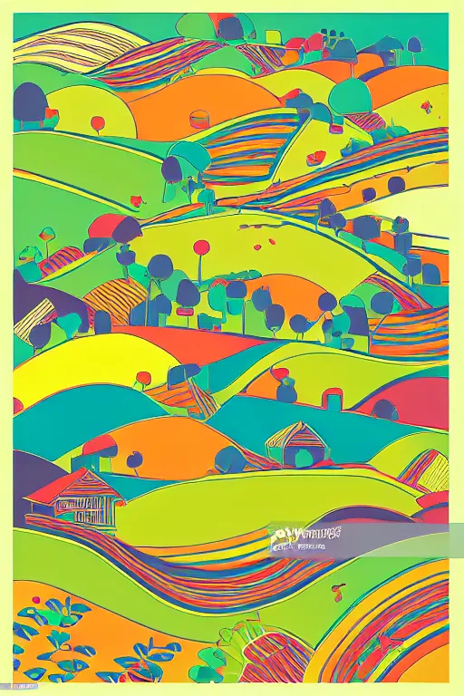 Prompt: minimalist boho style art of colorful farm land, illustration, vector art