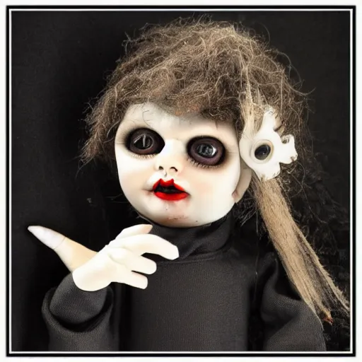 Image similar to creepy doll cursed witchcraft black eyes toy lucian freud dark black background doll satanic blood