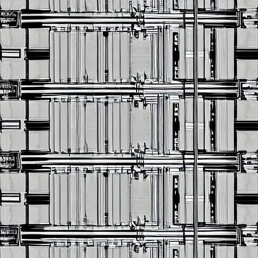 Image similar to mechanical panel lines, black and white, front view