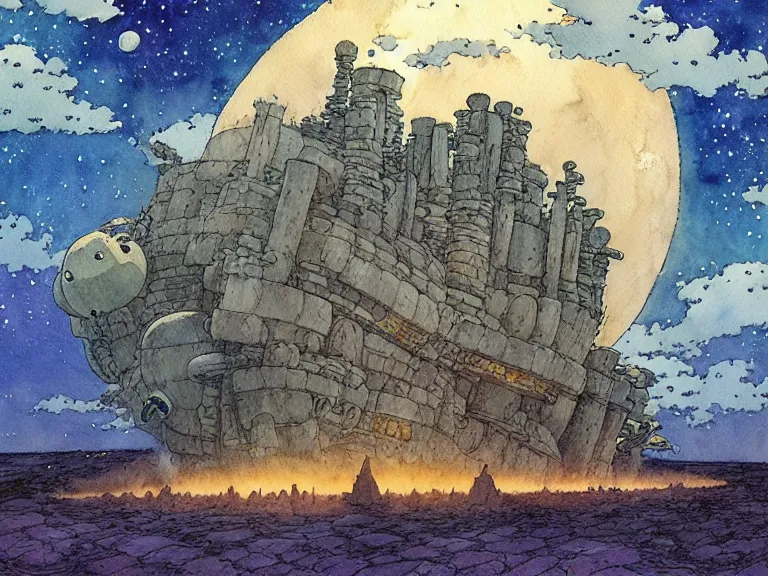 Prompt: hyperrealist studio ghibli watercolor fantasy concept art of an immense starship from howl's moving castle sitting on stonehenge like a stool. it is a misty starry night. by rebecca guay, michael kaluta, charles vess