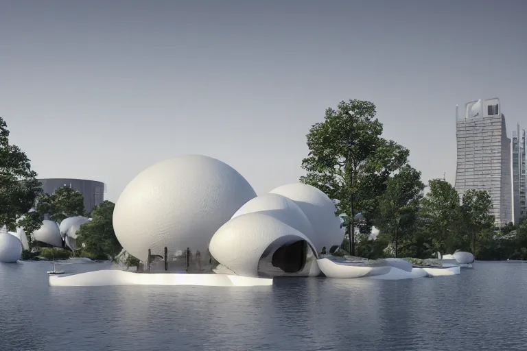 Image similar to a building composed of many white spherical egg shaped circular spaces arranged up and down. on the calm lake, people's perspective modern curved architecture, future, wood, marble, metal award winning, highly detailed 4 k art, dusk, unreal engine highly rendered, global illumination, radial light, internal environment by kazuyo sejima