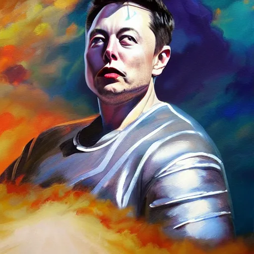 Image similar to Oil Painting of Elon Musk as Cleopatra, sitting on a cloud, ethereal, concept art, hyper realism, sharp focus