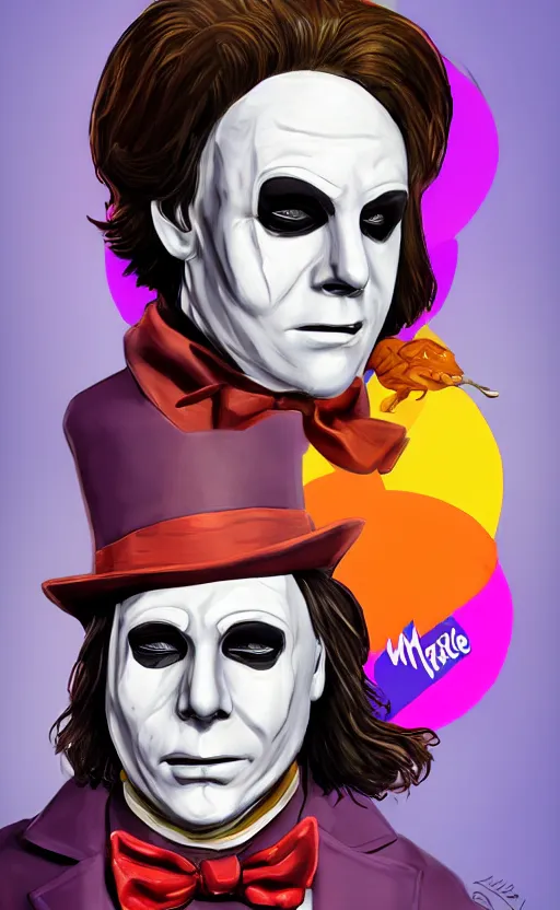 Image similar to character portrait of michael myers playing willy wonka, colorful, digital art, trending on artstation