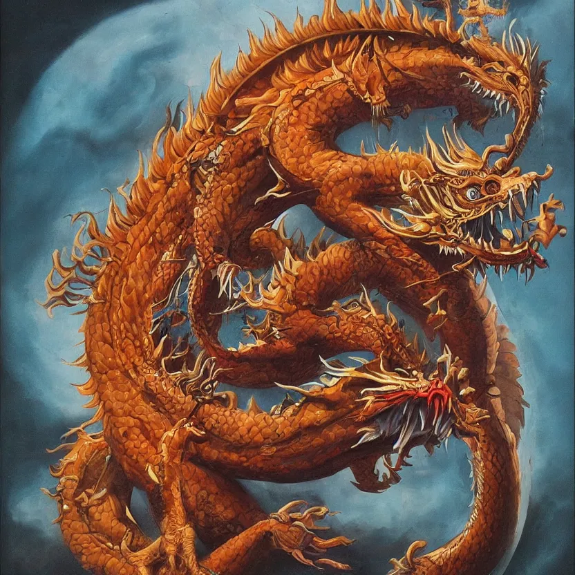 Image similar to a portrait painting of a chinese dragon. pulp sci - fi art for omni magazine. high contrast. dark background. whimsical fantasy art. baroque period, oil on canvas. renaissance masterpiece. muted colors, soft gradients. trending on artstation.