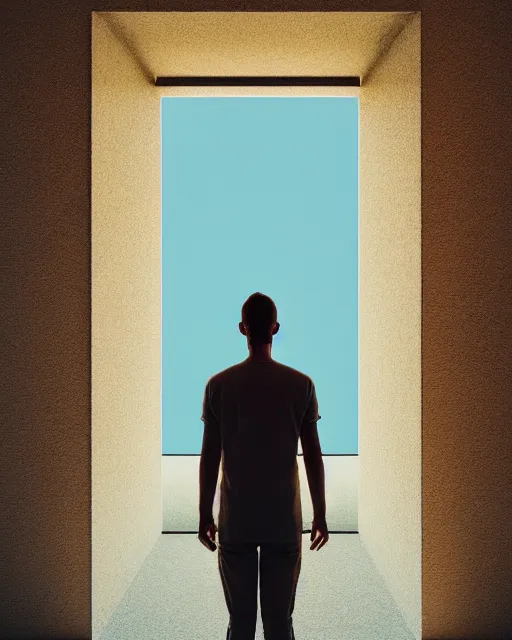 Image similar to a person standing in front of an open door, poster art by mike winkelmann, trending on cg society, space art, sci - fi, ue 5, futuristic, volumetric lighting