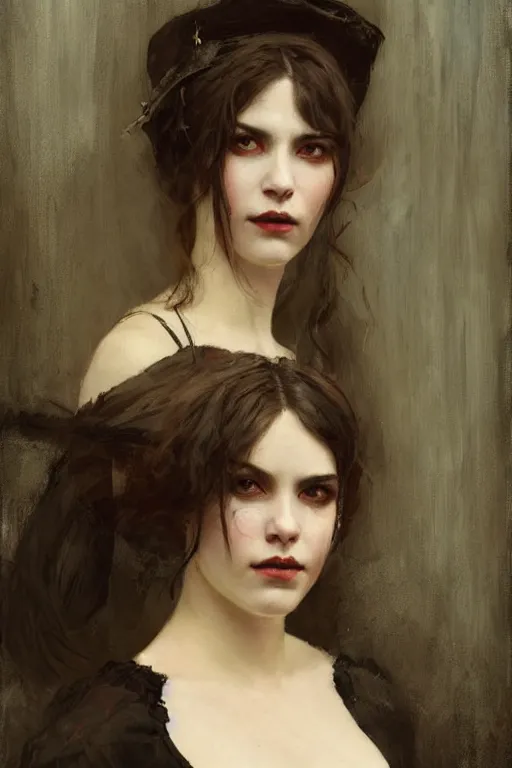 Image similar to Richard Schmid and Jeremy Lipking full length portrait painting of a young beautiful victorian steampunk vampire woman