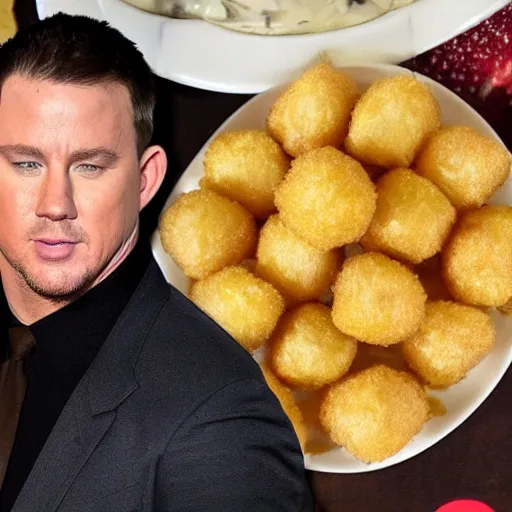 Image similar to channing tatum has a giant tater tot head, tater tot on plate, food photo