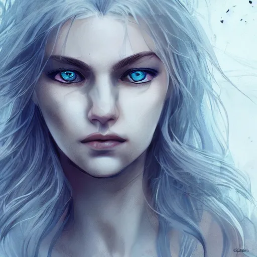 Image similar to woman, messy wavy white hair, light blue eyes, beautiful, portrait, d & d, character art, matte, sharp focus, illustration, concept art,