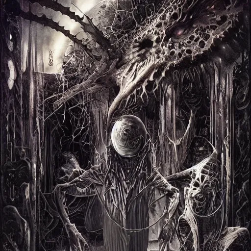 Image similar to the dark gothic creatures among our cosmos who roam the 7 th dimensional planes beyond life as we know it, it is fruitless to attempt contact these horrific souls who are omniously imprisoned, by yoshitaka amano by gerald brom by nekro borja by syd mead