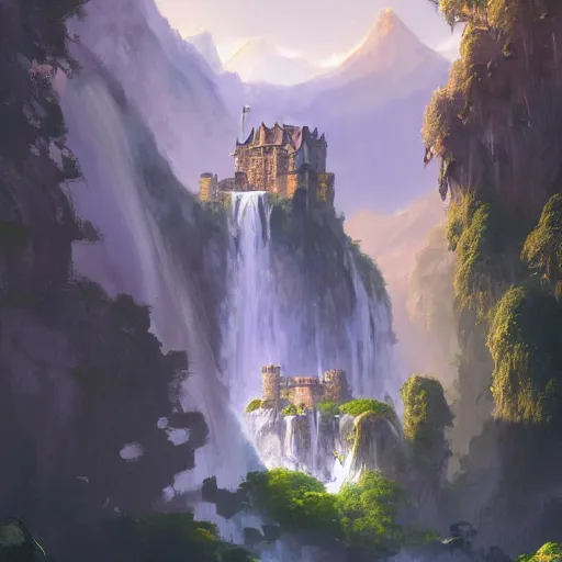 Image similar to A beautiful digital painting of a castle, waterfall, lovely valley by Stanley Artgerm Lau, frank frazetta, Rossdraws, James Jean, gerald brom, Andrei Riabovitchev, Marc Simonetti, and Sakimichan, trending on artstation