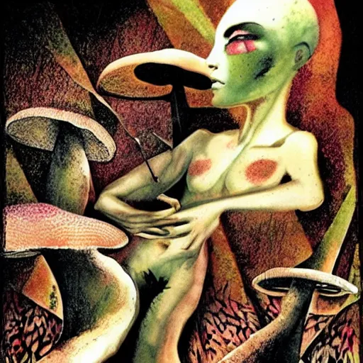 Image similar to psychedelic mushrooms dream, by dave mckean