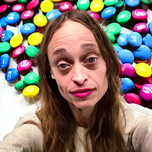 Prompt: fiona apple taking a selfie at the m & ms factory