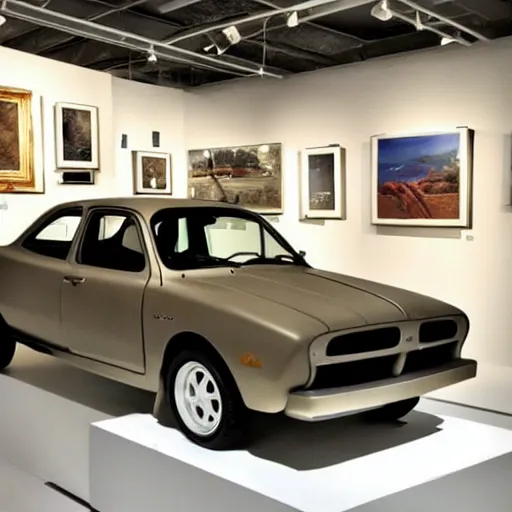 Prompt: a dodge neon, displayed as art at a museum