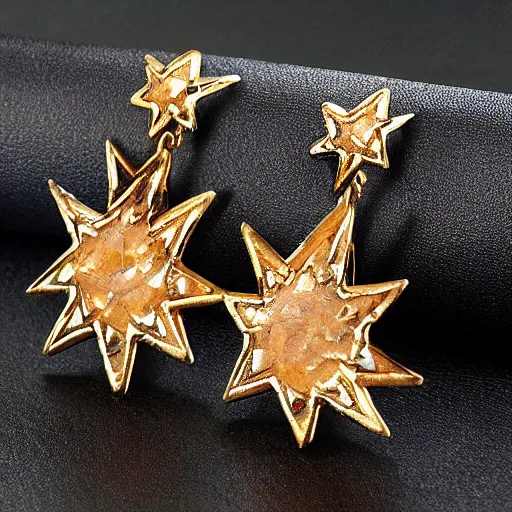 Prompt: bronze star shaped stone embroidered earrings, hyper realistic