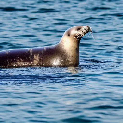 Image similar to a seal swimming at the surface of water with a seagull standing on its back