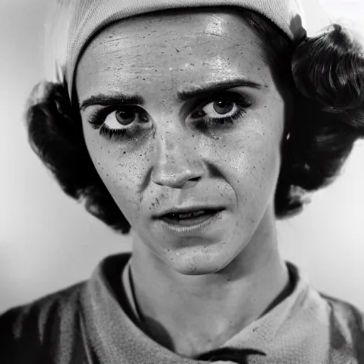 Image similar to deformed irradiated emma watson with acute radiation sickness flaking, melting, rotting skin wearing 1950s clothing in a 1950s nuclear wasteland. Group is living in a nuclear reactor. Photo is black and white award winning photo highly detailed, highly in focus, highly life-like, facial closeup taken on Arriflex 35 II, by stanley kubrick