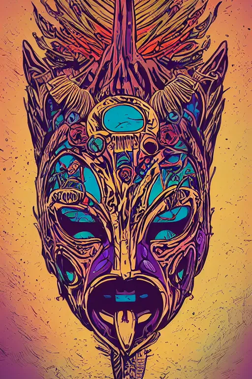 Image similar to animal mask totem roots flower tribal feather gemstone plant wood rock shaman vodoo video game vector cutout illustration vivid multicolor borderlands comics by josan gonzales and dan mumford radiating a glowing aura