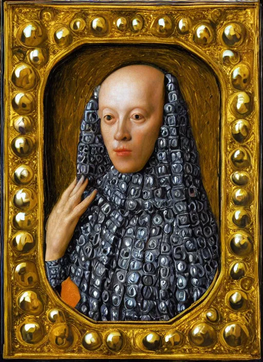 Image similar to a portrait of a shiny metallic renaissance robot, in the style of Jan van Eyck,
