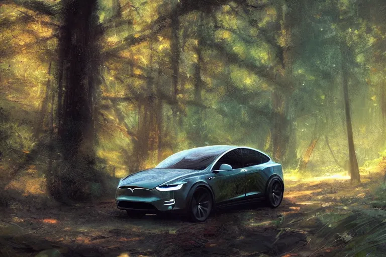 Prompt: A painting of a Tesla Model X in a forest by Craig Mullins, dramatic lighting, cinematic, establishing shot, extremely high detail, artstation