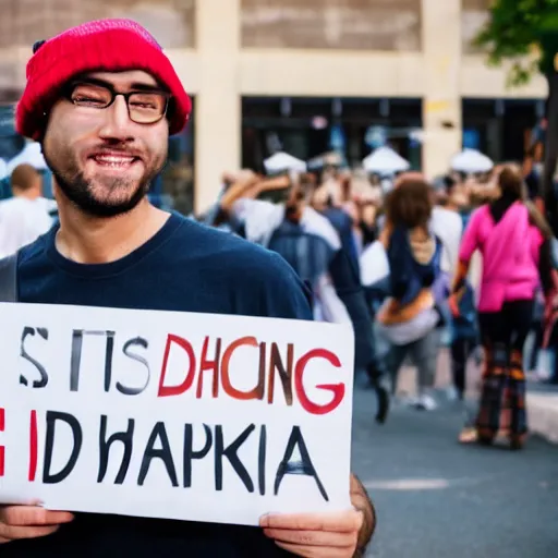 Image similar to photograph of smiling man holding a protest sign saying'dhsvdoabdjxhs sjsjsjdj djdididk ', high detail, 8 k resolution