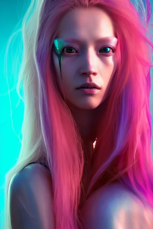 Image similar to a portrait of a beautiful young 28th century super cool post-human female wiht long colorful hair, barely human and largely biomechanical machine, hyper-realistic cyberpunk style, face by Yanjun Cheng, Irakli Nadar, design by Niel Blevins, Takayuki Takeya moody, models by 500px, dramatic cinematic lighting rendered by octane, 8k, detailed, intricate, clean and textures, trending on artstation, deviantart google images, pinterest