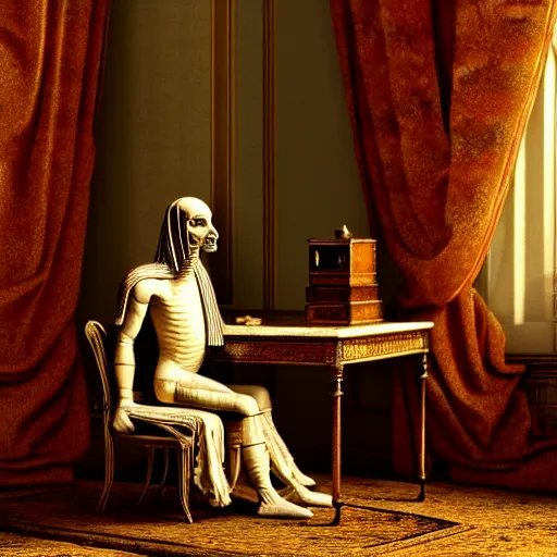 Image similar to An extremely detailed render of a mummy, sitting at his Louis XIV desk, with very old curtains in the room. The desk has a 1880 phone on it. Dusty air, god rays, raytracing shadows, ambient occlusion, 8K, RTX 3090, trending on artstation, lumens