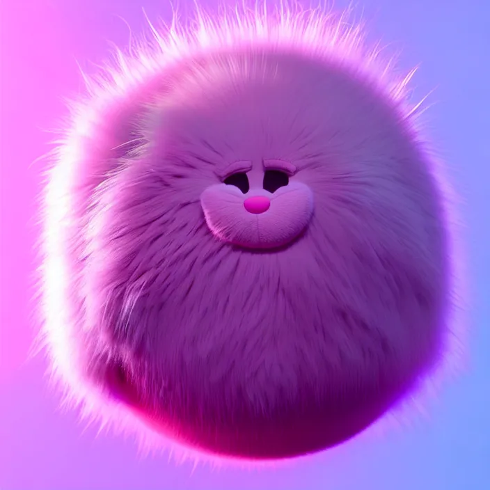 Image similar to high quality 3 d render hyperrealistic very cute big spherical creature, whiskers, plush mascot, short spiky dense fluffy smooth hair, isometric 3 d, psychedelic lighting pink fluffy fur 1 cm long, 1 5 0 mm, smooth background, artstation, ultra detailed, elegant, ultra detailed, octane render