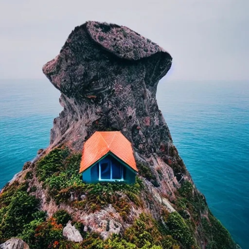 Image similar to a mountain and the sea, a little house in the middle of the sea