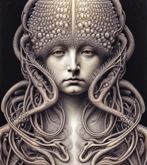 Image similar to detailed realistic beautiful platinum goddess face portrait by jean delville, gustave dore, iris van herpen and marco mazzoni, art forms of nature by ernst haeckel, art nouveau, symbolist, visionary, gothic, neo - gothic, pre - raphaelite, fractal lace, intricate alien botanicals, biodiversity, surreality, hyperdetailed ultrasharp octane render