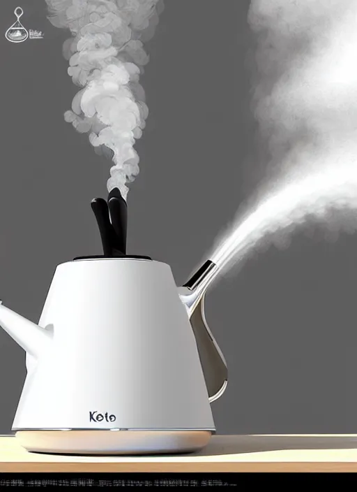 Image similar to stylish modern kettle boiling water, steam coming from spout, natural lighting, path traced, highly detailed, high quality, digital painting