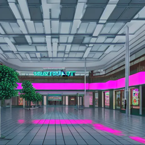 Image similar to vaporwave 9 0 s dreamy empty shopping mall, highly detailed, 3 d render, vray, octane, realistic lighting, photorealistic