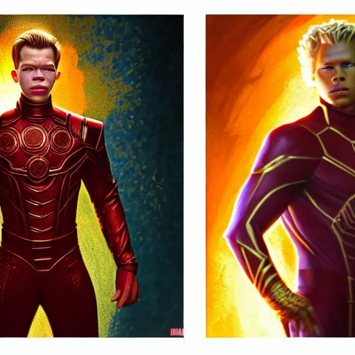 Prompt: buffed up will poulter as adam warlock in a Marvel movie by nuri iyem, james gurney, james jean, greg rutkowski, anato finnstark. hyper detailed, 50mm, award winning photography.