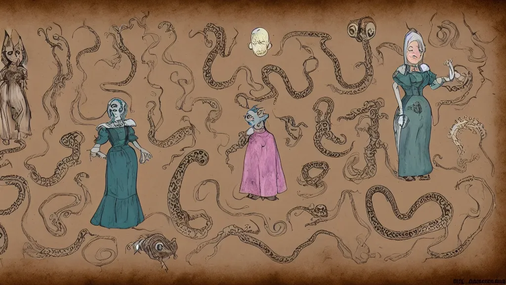 Image similar to aged paper, colorful character sheet for a stocky alien extraterrestrial victorian female servant maid with thick snake - like tentacles instead of hair, long dress with apron, jim henson creature shop, coherent, illustration, digital art, trending on artstation, hd, 8 k, good lighting, beautiful, rough paper, masterpiece