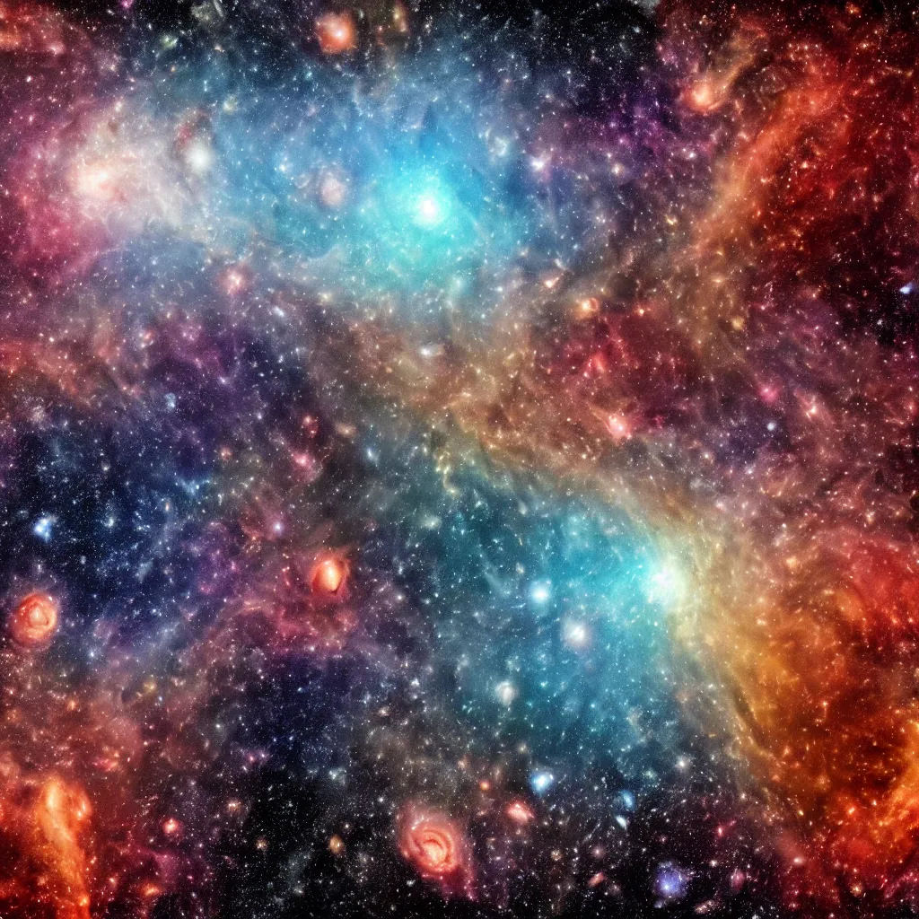 Image similar to A very high resolution satellite picture of outer space, with lots of stars, planets, galaxies, and nebulas, very colorful, very realistic.