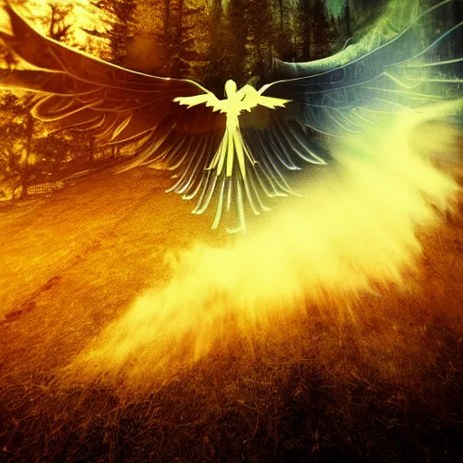 Image similar to pontiac firebird with angelic wings, dramatic, cinematic, forest, volumetric lighting