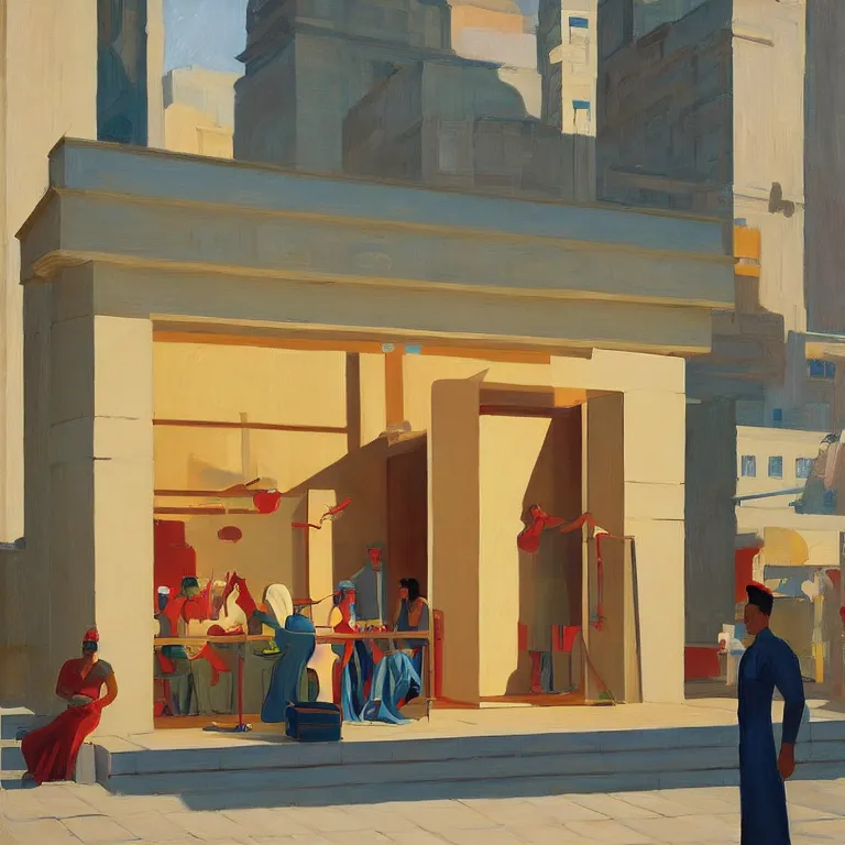 Image similar to apple store opening in ancient Egypt for the pharaoh, painted by Edward Hopper, painted by James Gilleard, airbrush