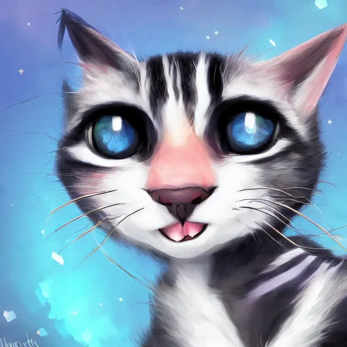 Image similar to cute cat of cheshire an adorable cat with black and blue stripes, big eyes and a big playful smile. award - winning digital art, trending on artstation