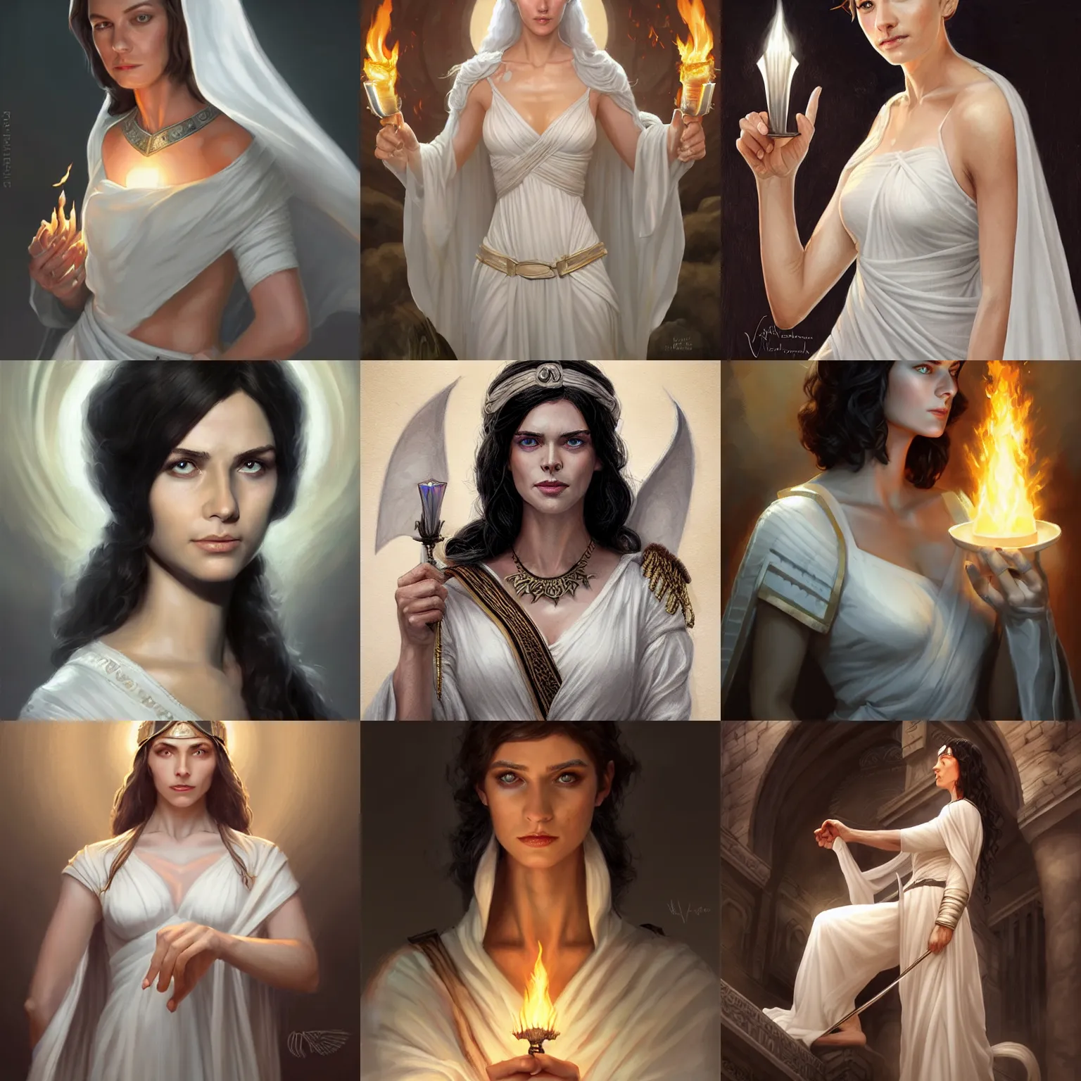 Prompt: hestia, helen mcrory, old greek goddess, white tunic, sacred flame, d & d, fantasy, portrait, highly detailed, digital painting, trending on artstation, concept art, sharp focus, illustration, art by artgerm and greg rutkowski and magali villeneuve