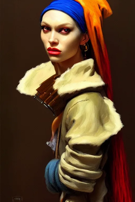 Image similar to character portrait cyberpunk warhammer 4 0 k, girl with the pearl earring character design, painting by gaston bussiere, katsuya terada, frank frazetta, tom of finland, trending on artstation