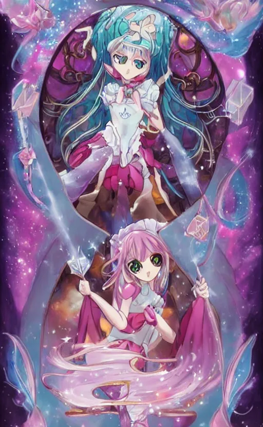 Image similar to Magical girl casting a water type spell inside a castle of trump cards, madoka magica anime style, modern trading card art, symmetrical facial features, realistic anatomy