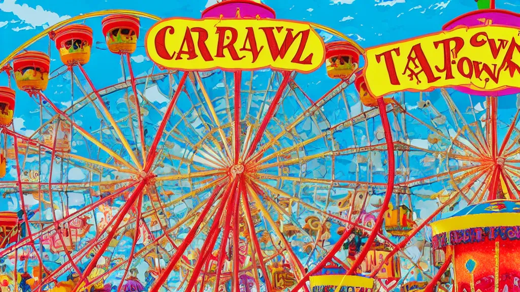 Image similar to carnival town, the horror carnival drawn in the style of a children's book. ferris wheel, circus tent, and carousel. disney style. cutesy, fun, and bright. color harmony, 8 k detail, gallery quality, hd wallpaper, premium prints available, hyper - detailed, intricate design.