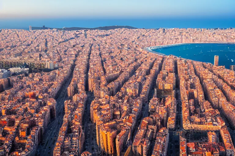 Image similar to dron views of dystopian barcelona city covered with water, global warming, sunset lighting, photo real